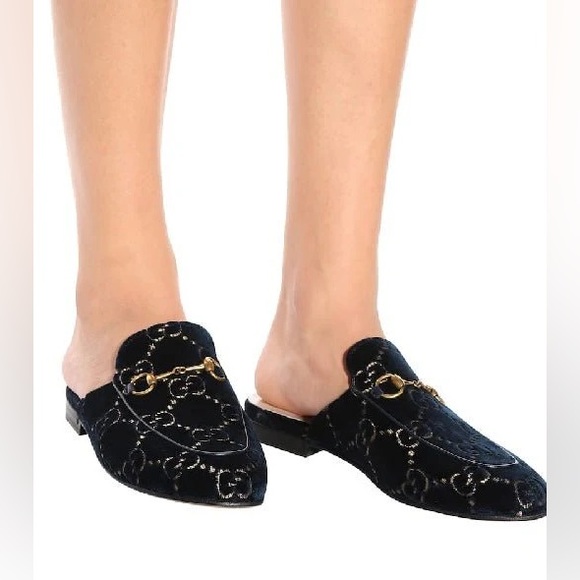 Gucci Princetown Velvet loafers Navy Blue with gold horsebit hardware gg sz 38 - Picture 2 of 10